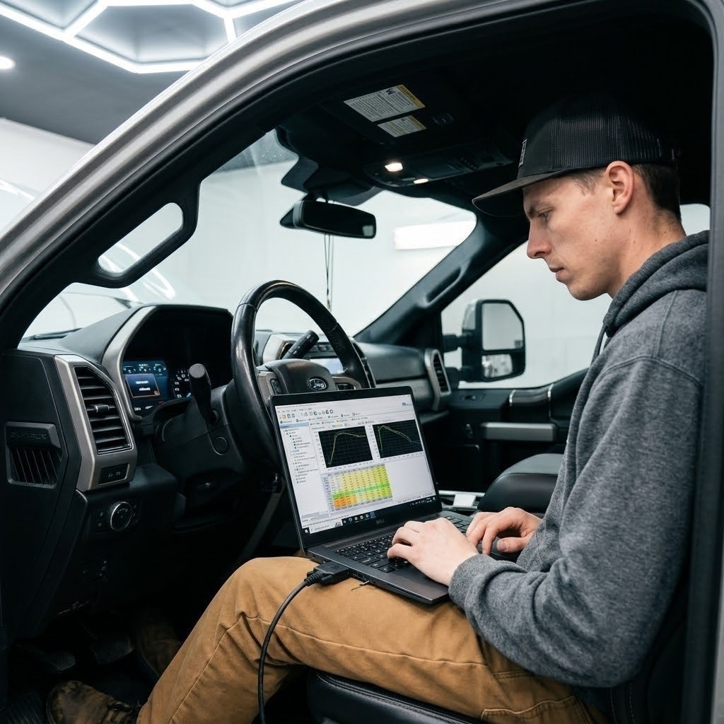 THE LAB tuner working on a laptop calibration inside a Ford Super Duty